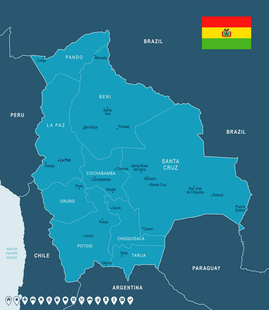 Bolívia - Térkép és zászló - részletes vektoros illusztráció - Vektor, kép