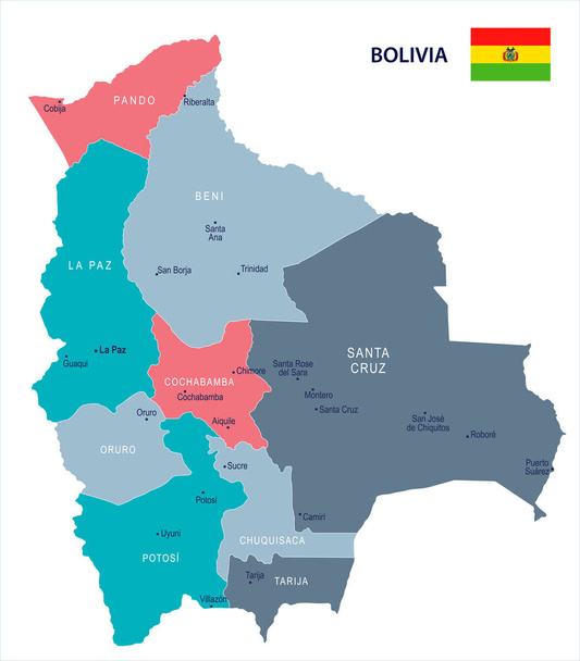Βολιβία - Χάρτης και σημαία - λεπτομερής εικονογράφηση διάνυσμα - Διάνυσμα, εικόνα
