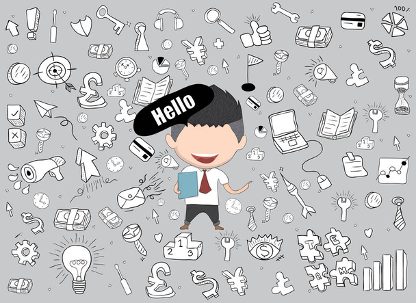 Happy face businessman business doodles objects background. a concept of balancing personal life between office, drawing by hand vector - Vector, Image
