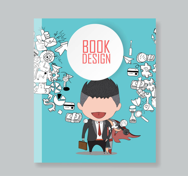 Cover report happy face businessman hello business doodles objects background. a concept Business success and hero and exercise. - Vector, Image