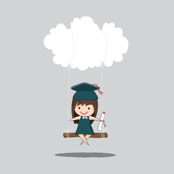 Cartoon girl graduated pupils swinging on a cloud, drawing by hand vector - Vector, Image
