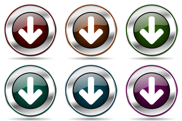 Download arrow vector icon set. Silver metallic chrome border icons for web design and smartphone applications - Vetor, Imagem