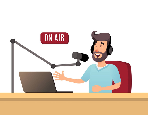 The radio presenter is talking on the air. A young radio DJ in headphones is working on a radio station. Broadcasts flat design vector illustration. - Vector, Image