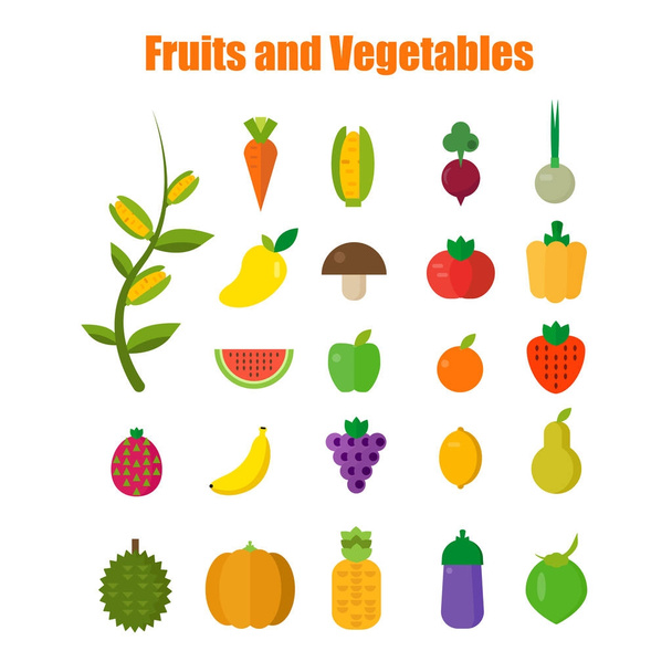 Isolated vegetables set: fruits, vegetables, organic. Flat vector illustration set. - Vector, Image