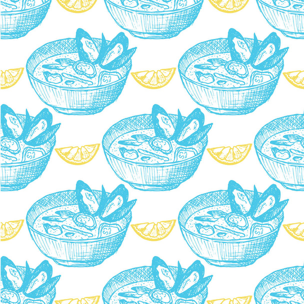 Mussel soup seamless pattern on white background - Vector, Image
