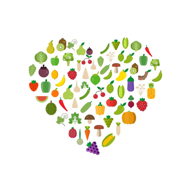 Hart van groenten set: fruit, groenten, organische. Platte vector illustratie set. - Vector, afbeelding