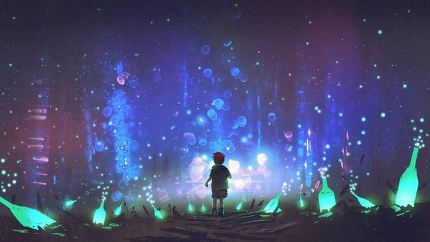 scenario notturno di ragazzo che cammina sul pavimento tra molte bottiglie verdi incandescenti, stile arte digitale, pittura illustrazione
 - Foto, immagini