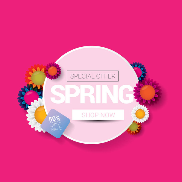 vector spring sale design template banner or tag on pink background. Abstract spring sale pink label or background with beautiful flowers - Вектор,изображение