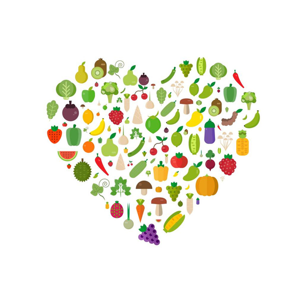 Heart vegetables set: fruits, vegetables, organic. Flat vector illustration set. - Vector, Imagen