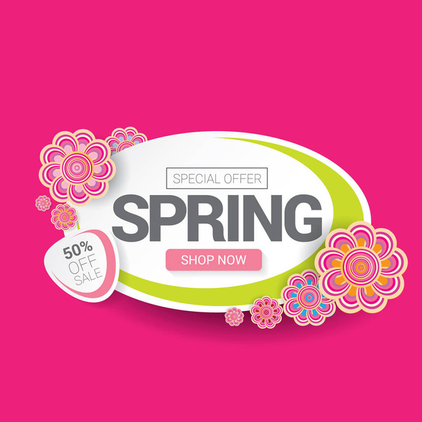 vector spring sale design template banner or tag on pink background. Abstract spring sale pink label or background with beautiful flowers - Vector, afbeelding
