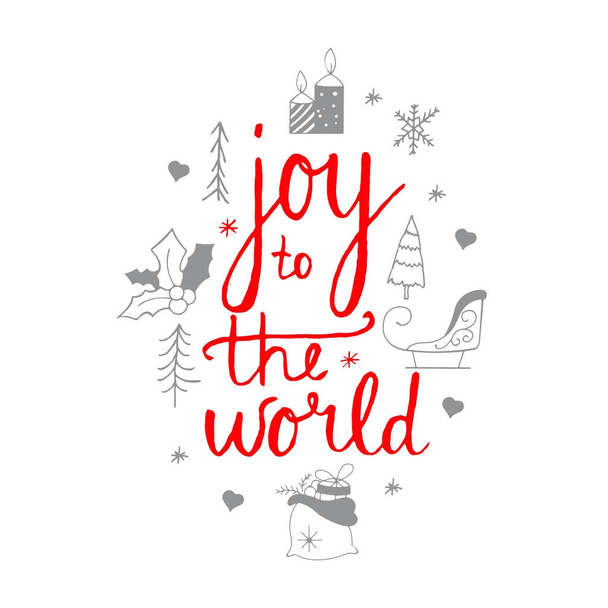 Joy to the world lettering design.Christmas icons set.Hand lettering calligraphic Christmas type poster - Vector, Image