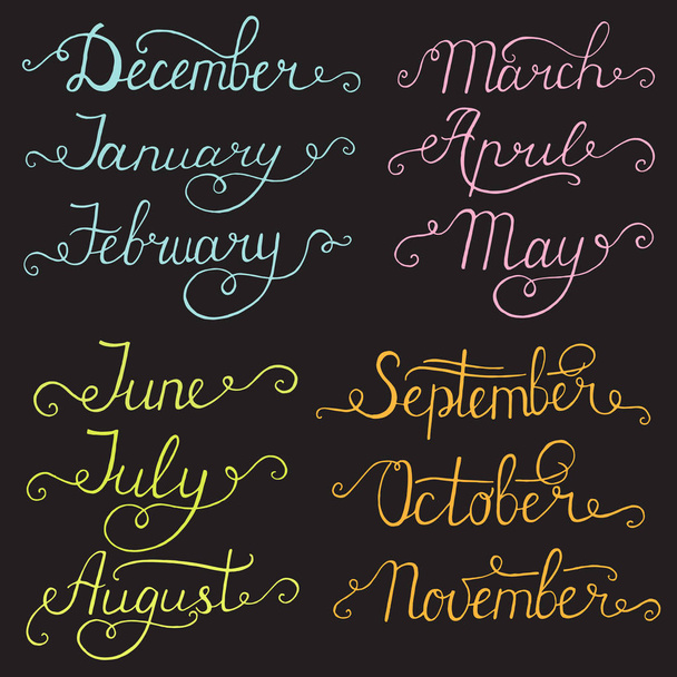 Vuoden käsinkirjoitetut kuukaudet: joulukuu, tammikuu, helmikuu, maaliskuu, huhtikuu, toukokuu, kesäkuu, heinäkuu, elokuu, syyskuu, lokakuu, marraskuu
. - Vektori, kuva