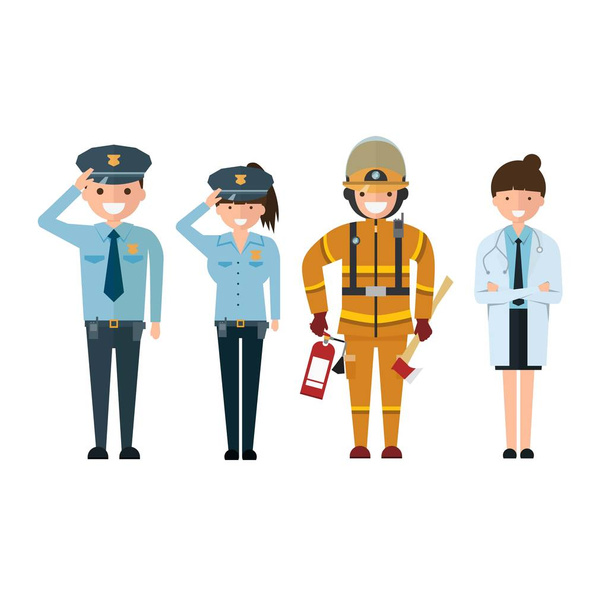 Rendőrségi tűzoltó és orvos rajzfilm stílusú elkülönített fehér háttér. - Vektor, kép