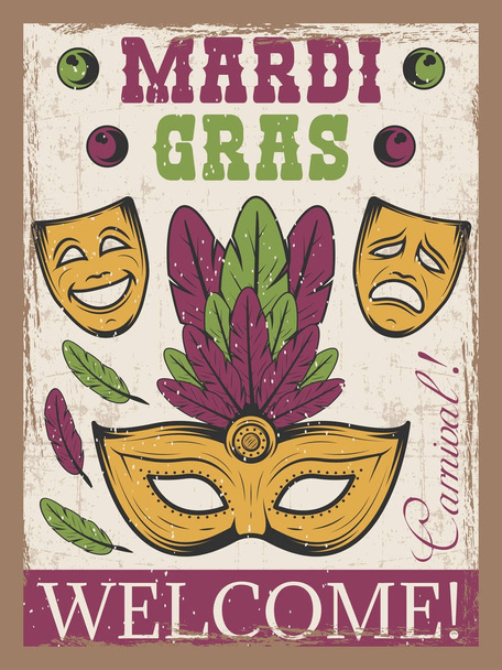 Mardi gras colored vintage poster with carnival mask and theatre mask. - Vector, Image