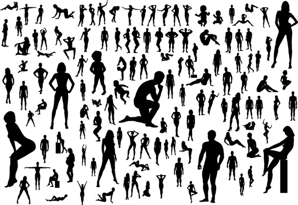 Set of black silhouettes of naked women, men and children - Vector, Image