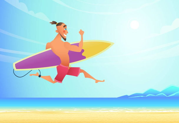 Buon Surfer sorridente che corre sulla spiaggia al mare. Vide una grande onda ed era di fretta
 - Vettoriali, immagini