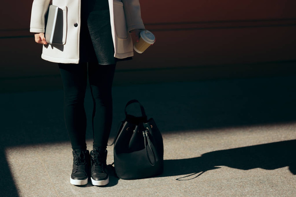 Student Holding PC Tablet Standing in Spotlight Wearing Sport Shoes - Zdjęcie, obraz