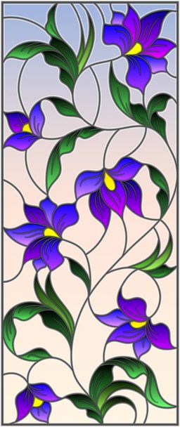 Illustration in the style of stained glass with intertwined abstract purple flowers and leaves on a sky  background - Vector, Image