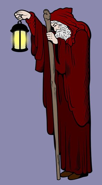 Bild eines alten Mannes, eines Einsiedlers mit glühender Lampe und Stock,  - Vektor, Bild