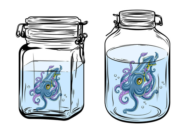 Een glazen pot met een inktvis in het - Vector, afbeelding