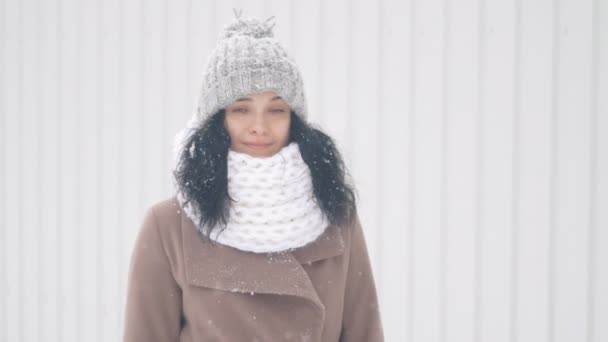 retrato de hermosa mujer joven en sombrero en invierno día nevado al aire libre
 - Imágenes, Vídeo