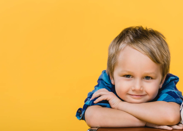 retrato de niño sonriente en camisa mirando a la cámara aislada en amarillo
 - Foto, Imagen