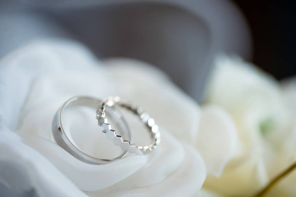 Свадебные детали. Обручальные кольца закрывают фотографию
 - Фото, изображение