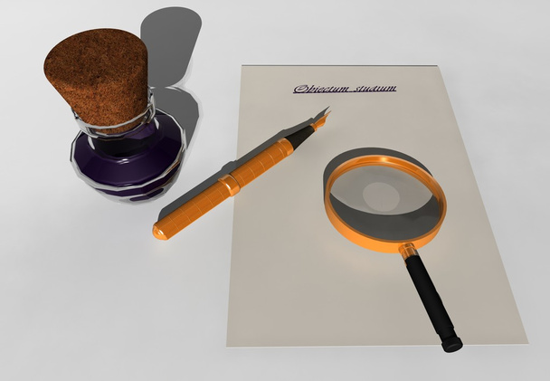 Ink pot, vintage golden pen, magnifying glass and sheet of paper - Vector, Image