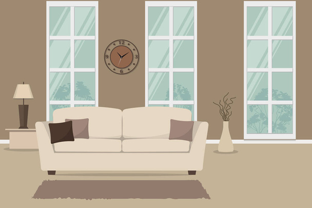 Sala de estar com sofá branco e travesseiros castanhos. Há também uma mesa com lâmpada e vaso com ramos em um fundo de janela na imagem. Há um relógio na parede aqui. Ilustração vetorial
 - Vetor, Imagem