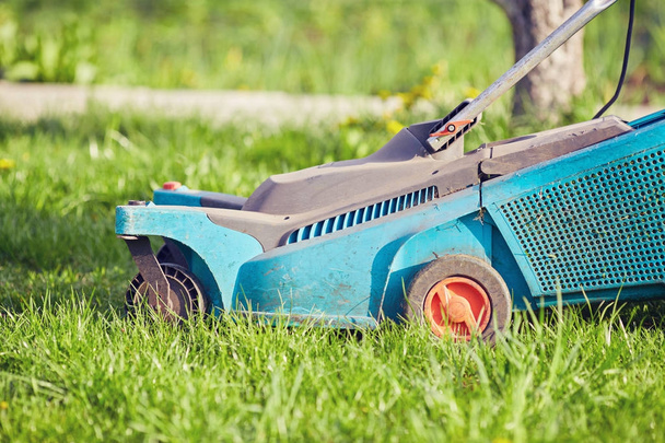 Lawn mower cutting green grass in backyard - Photo, Image