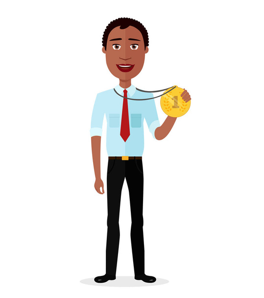 Business man african winner success concept character vector excited cartoon male raising up medal isolated on white background - Wektor, obraz