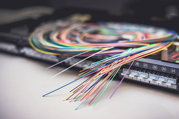 Fiber optik kablolar yama dağıtım panelde - Fotoğraf, Görsel