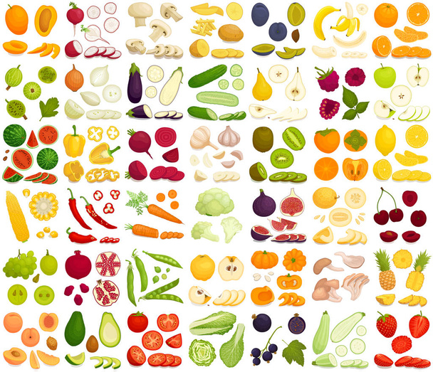 Vegetable, fruits and berries set. Vector illustration. Whole, sliced and chopped various products. - ベクター画像