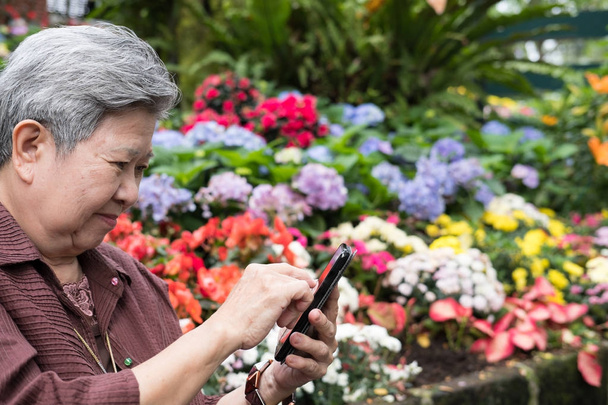 Vanhempi nainen pitelee kännykkää puutarhassa. iäkkäät naistekstiilit
 - Valokuva, kuva