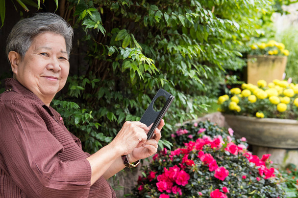 anciana sosteniendo teléfono móvil en el jardín. texti femenino de edad avanzada
 - Foto, imagen
