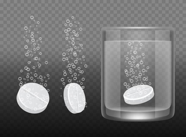 Vector realistic white soluble tablets set on transparent background - Vecteur, image