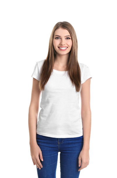 Young woman in t-shirt on white background. Mockup for design - Φωτογραφία, εικόνα