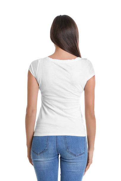 Young woman in t-shirt on white background. Mockup for design - Photo, image