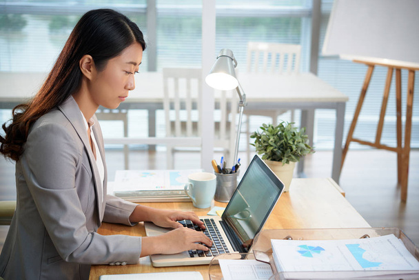 Вид сбоку корейской бизнес-леди, работающей на ноутбуке
 - Фото, изображение
