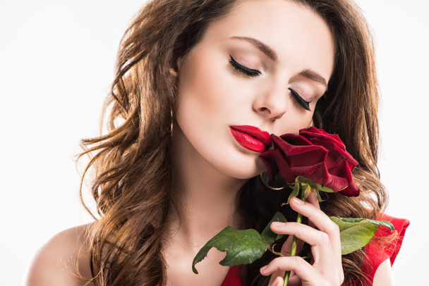 stylish sensual girl touching face with rose isolated on white, valentines day concept   - Photo, Image