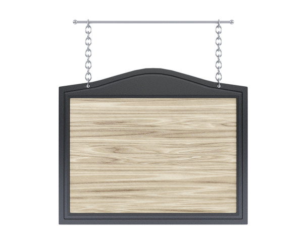 Letrero de madera vacío con marco de metal sobre fondo blanco, representación 3D
 - Foto, imagen