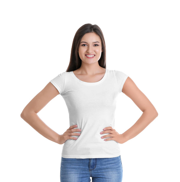 Young woman in t-shirt on white background. Mockup for design - Foto, Bild