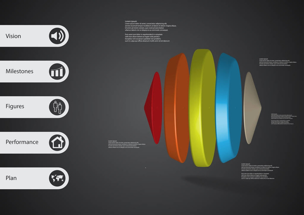 Инфографический шаблон 3D иллюстрации с двумя конусами и тремя цилиндрами горизонтально расположенными
 - Вектор,изображение