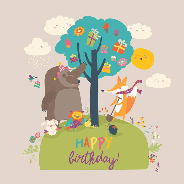 Cartoon animals celebrating Birthday in the forest - Vector, Image
