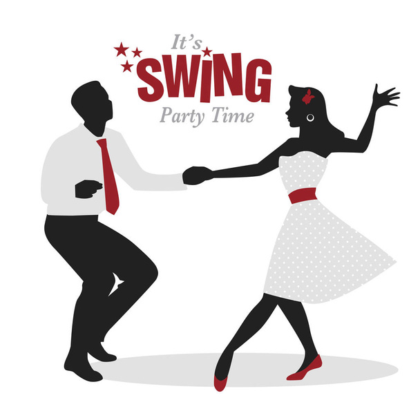 Swing Party Time: Silhuetas de jovem casal vestindo roupas retro dançando swing ou lindy hop
 - Vetor, Imagem