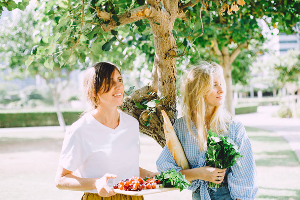mladé ženy šťastné zdravé jídlo pro letní piknik venkovní - Fotografie, Obrázek