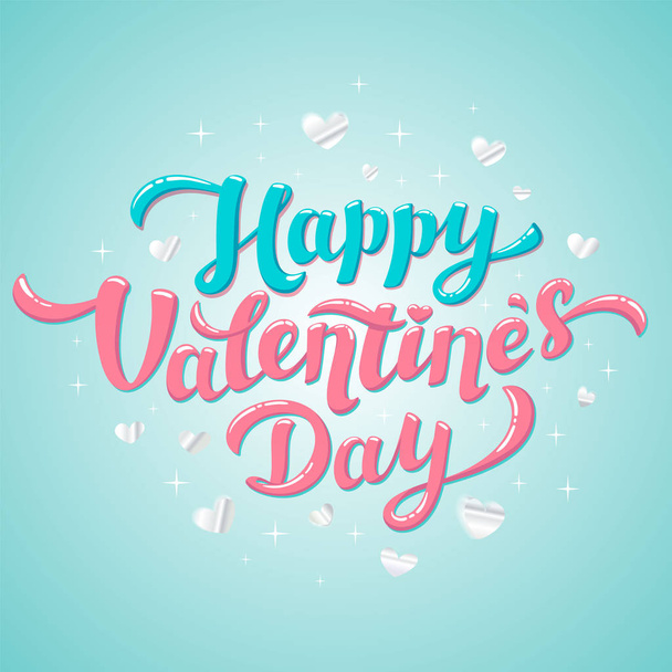 Happy Valentines Day Lettering. 14th of february greeting card. Glossy lettering with silver hearts on blue background. - Vector, Image