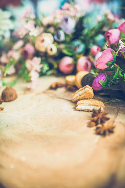 close-up of beautiful colored flowers on wooden background - Valokuva, kuva