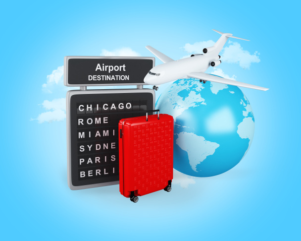 3d illustration. Earth, Airport board and travel suitcases. Travel and vacation concept. - Photo, Image