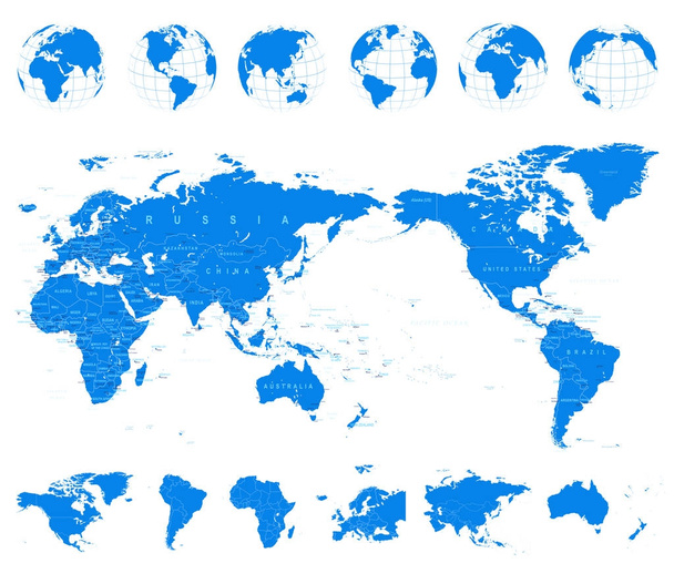 Wereld kaart blauw en Globes - Azië in Center - Vector, afbeelding